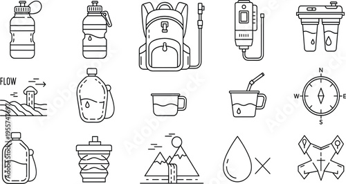 Technical Outdoor Hydration and Water Filtration Icon Set Featuring Collapsible Survival Bottles, Backcountry Gravity Filters, Tactical Backpacks, and Expedition Flow Vector Illustrations