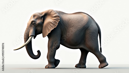 Large grey elephant walks on white background. Majestic pachyderm with tusks moves slowly. African or Asian wildlife animal, mammal, safari, zoo exhibit.