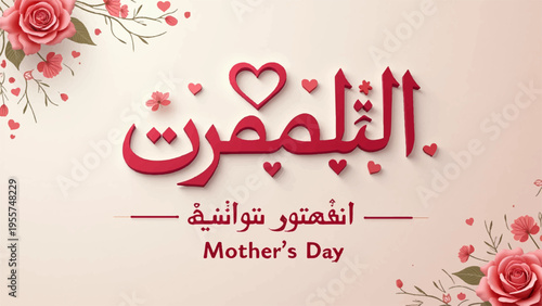Arabic mother's day greeting card with floral design and heart symbol on beige background