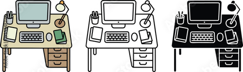 Computer desk silhouette & Outline and illustration set isolated on transparent background