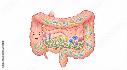 Cheerful medical illustration of a healthy smiling human gut microbiome filled with blooming flowers and colorful probiotic bacteria, representing good digestion, balance, and gut health, isolated 