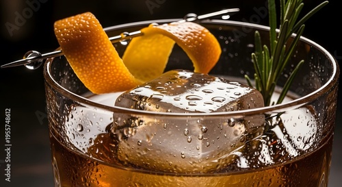 Close-up of Whiskey Cocktail with Ice Cube and Orange Peel Garnish