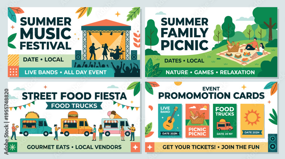 Naklejka premium A summer outdoor festival featuring a set of advertising posters, a music event, a nature picnic with food trucks, promotional cards, placard background designs, templates, and isolated flat vector