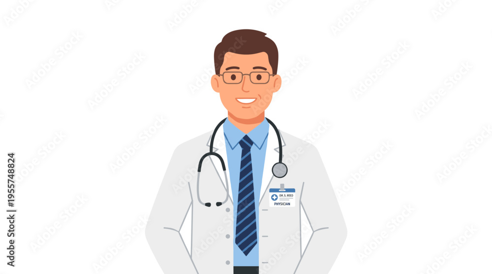Fototapeta premium A cartoon vector portrait of a medical professional wearing a coat, shirt, tie, and stethoscope, depicted in a flat color style on a white background