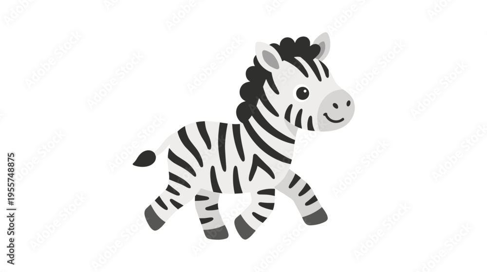 Fototapeta premium A charming and humorous zebra rendered in Scandinavian design, featuring a walking African infant animal, depicted as a colored flat vector illustration set against a white background