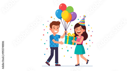Two happy friends celebrate a birthday, with a man presenting a festive gift and balloons to a woman in a cone hat, depicted as flat cartoon characters on a white background in a colorful vector