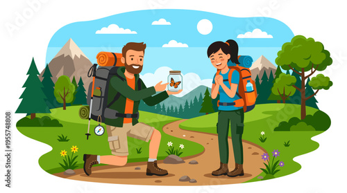 During holiday trips through nature, a pair of tourists hike with backpacks, and a man gives a woman a butterfly in a jar on a summer excursion, all depicted in a flat vector illustration set against