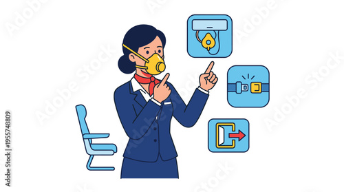 A flight attendant dons an oxygen mask while an airplane steward explains the aircraft's rules, providing safety instructions for onboard emergencies in a flat vector illustration set against a white