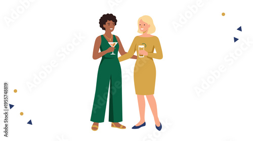 Two young women in chic evening wear pose side by side, sipping cocktails, depicted in a bright flat vector illustration for a celebratory event