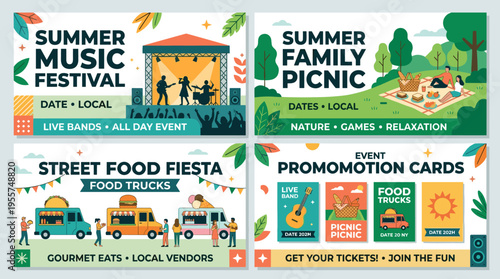 A summer outdoor festival featuring a set of advertising posters, a music event, a nature picnic with food trucks, promotional cards, placard background designs, templates, and isolated flat vector