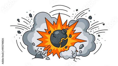 A bomb explodes, sending smoke, dust, and fume clouds, creating a detonation, blast, and blowup with dynamic boom curves, resulting in damage and crash, depicted as a flat cartoon vector illustration