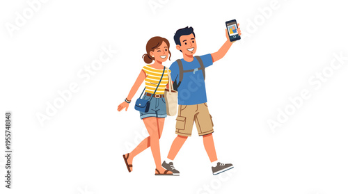 A loving couple of tourists strolls while snapping photos with their mobile phones, depicted in a flat vector illustration against a white background