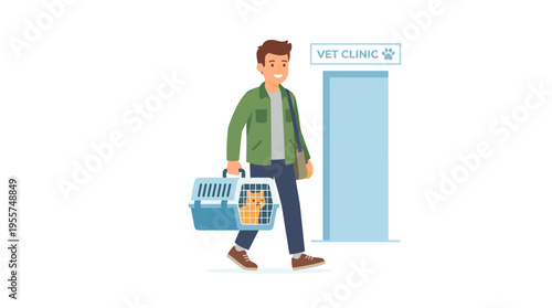 A pet owner carries a kitten in a cat carrier while heading to the veterinary clinic with the cute animal in a plastic cage, holding the handle of the traveling feline box; the flat vector
