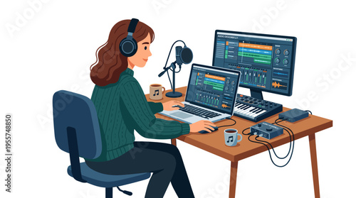 A sound designer wearing headphones works at a laptop running professional multimedia software, while a woman listens to music and edits audio on a PC, all shown in a flat vector illustration on a