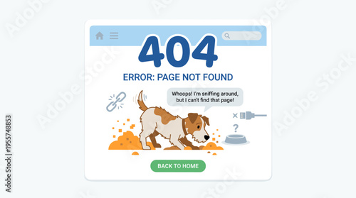 A 404 error means the page cannot be found; the site failed to load because of a faulty internet connection idea, showing an unloaded page with a funny dog in a flat vector illustration on a white