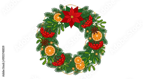 A wreath composed of rowan berry clusters, conifer branches, poinsettia, mistletoe, oranges, star anise, and illuminated garland—an all-natural holiday decoration