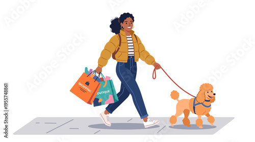 A cheerful young woman in fashionable outerwear strolls with her poodle on a leash, tote bags brimming with her recent purchases. She exudes pet‑owner chic. The scene is rendered in a vibrant