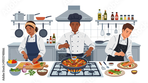 At the restaurant kitchen, a chef prepares gourmet meals, including various meats, fish, vegetables, and sauces, while professional culinary staff work on diverse dishes, depicted in isolated flat