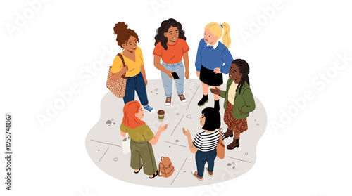 A top‑down view shows women friends standing together; young modern girls meet and gather outdoors, chatting from above, in a flat vector illustration on a white background