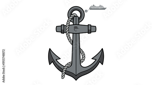 Illustrated vector of a boat anchor, depicting its role in securing a vessel; a construction element for ship mooring, emphasizing load, weight, and accessories such as liners and sailfish; a