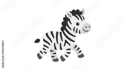 A charming and humorous zebra rendered in Scandinavian design, featuring a walking African infant animal, depicted as a colored flat vector illustration set against a white background