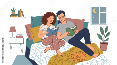 A charming couple lounges on a bed, reading books together, as a young man and woman enjoy evening literature in a flat cartoon vector illustration
