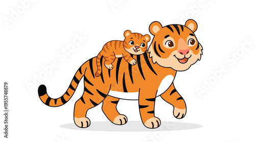A tiger cradles its cub against a plain white backdrop, showcasing an endearing family of wild, exotic carnivores in a playful, cartoonish vector style