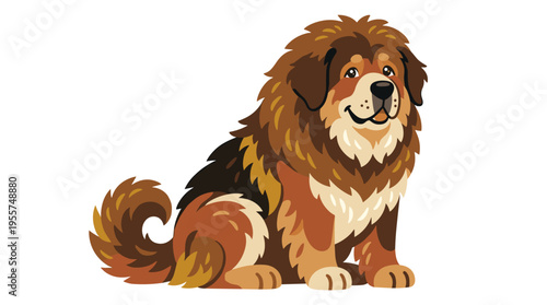 The Tibetan Mastiff, also known as Drog-Khyi, appears as a fluffy pastoral or nomadic dog set against a white background, depicted in a colorful flat cartoon vector illustration