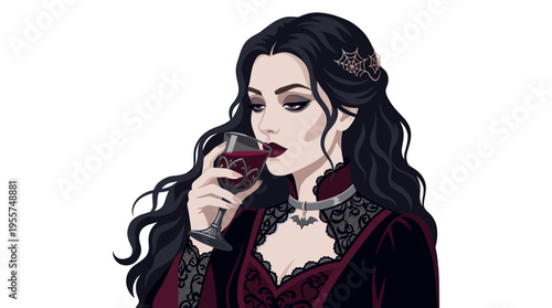 A stunning female vampire portrait shows an elegant gothic woman with flowing hair sipping blood, depicted as a fearful mythic being set against a white backdrop in a vibrant, realistic vector