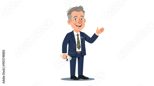 A politician, government employee, public servant, official, or delegate wearing a sharp suit. The humorous male cartoon figure stands alone against a white backdrop. The illustration is vibrant and