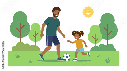 A biracial father and his daughter enjoy a soccer match outdoors, depicted in a flat vector illustration on a white background