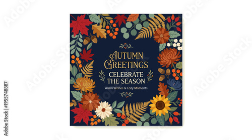 A square background adorned with stunning autumn flowers, featuring a text area, framed by elegant dark‑backed floral plants in a vibrant flat vector style