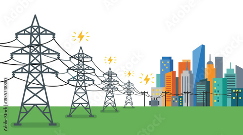 High‑voltage transmission lines ferrying electricity into the city, featuring suspended cables and towers, depicted as a flat vector illustration on a white background