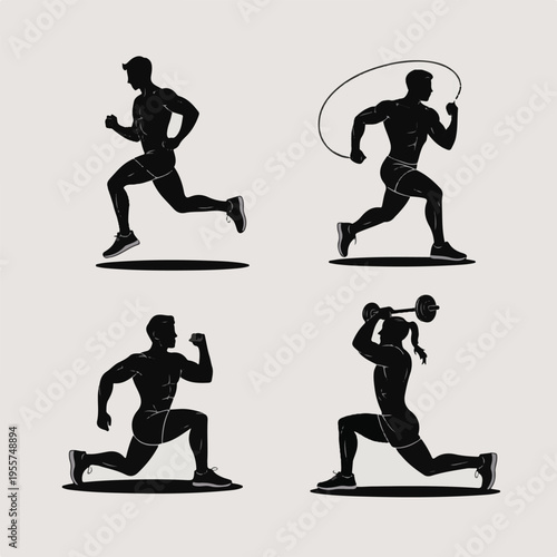 Fitness and Workout Silhouette Vector Set: Athletes Running, Jump Roping, and Doing Lunges with Barbell