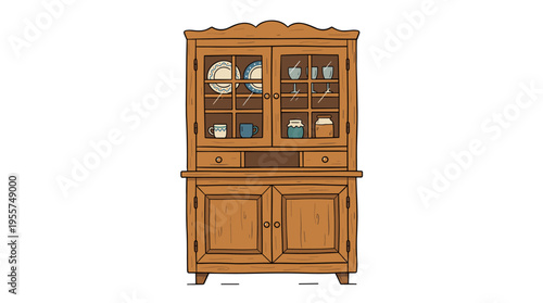 A hand‑drawn vector illustration of a vintage cupboard, a wooden kitchen cabinet styled as a retro ambry, shown as a single piece of furniture against a white background