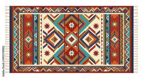 A traditional Moroccan kilim mat with a geometric, multicolored pattern, accompanied by an Oriental Arab vintage long rectangle carpet with fringe, all depicted as a flat graphic vector illustration