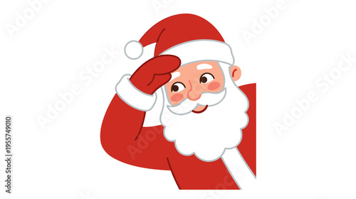 Santa Claus peeks out, searching and looking, with his hand on his forehead, a cute and funny holiday character in a flat vector illustration on a white background