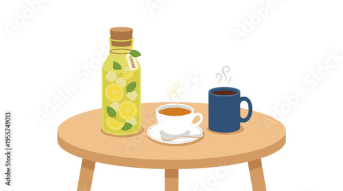 A chilled beverage in a corked glass bottle of juice, a tea cup, and a mug sits on a coffee table. Homemade lemonade offers a refreshing taste. The flat vector illustration shows the drink isolated