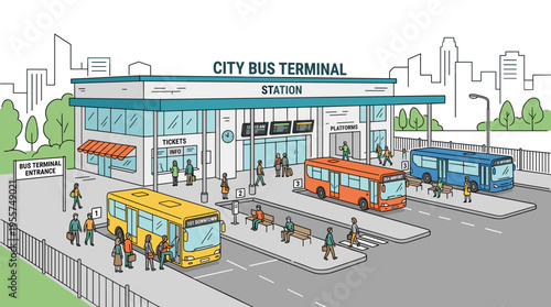 Flat-style line art illustration of a bus terminal station