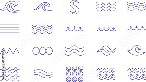 Wave icon collection, abstract water symbols, ocean line art, minimalist wave illustrations, fluid motion design elements, aquatic graphic resources, modern wave pattern set