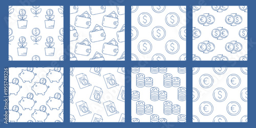 Financial seamless patterns set with money icons. Blue line vector backgrounds with coins, piggy bank, business elements for banking, investment, savings, real estate. Minimalist hand drawn collection