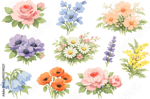 Set of watercolor floral elements, hand painted flowers collection, botanical illustration with roses, peonies and wildflowers