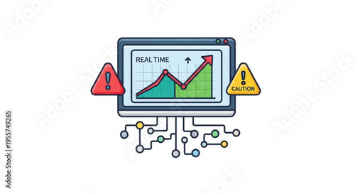 Computer screen displays real time stock market graph with warning signs indicating financial risk and market volatility