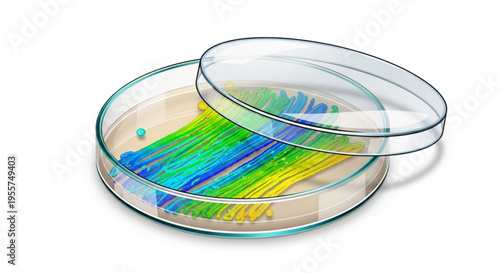 Petri dish with colorful bacteria or microorganisms in a laboratory setting for science and research purposes with a white background