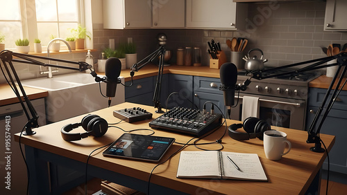 Dynamic neon play button and 'STUDIO' text sign glowing brightly on a textured dark brick wall, symbolizing digital content creation and media production