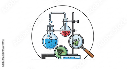 Laboratory equipment with beakers test tubes and magnifying glass examining microbes in a scientific research setting with various glassware
