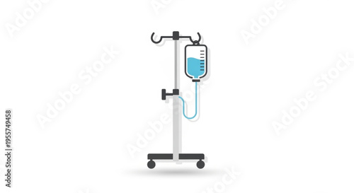 Medical iv drip stand with blue intravenous fluid bag on wheels in hospital setting for patient treatment