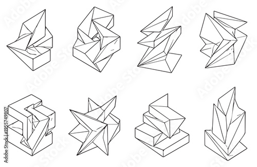 Abstract 3D Geometric Shapes Set Isometric Polygonal Elements with Sharp Edges and Minimalist Design