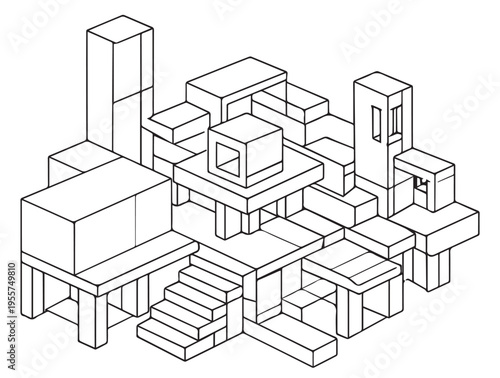 3D Isometric Abstract Geometric Architecture Background with Blocks Stairs and Minimal Shapes