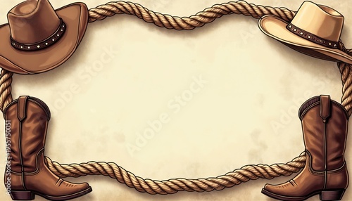 Western cowboy hat and boots frame with rope border on textured background. Empty space for text, invitation, or advertisement. Rustic country or rodeo theme.